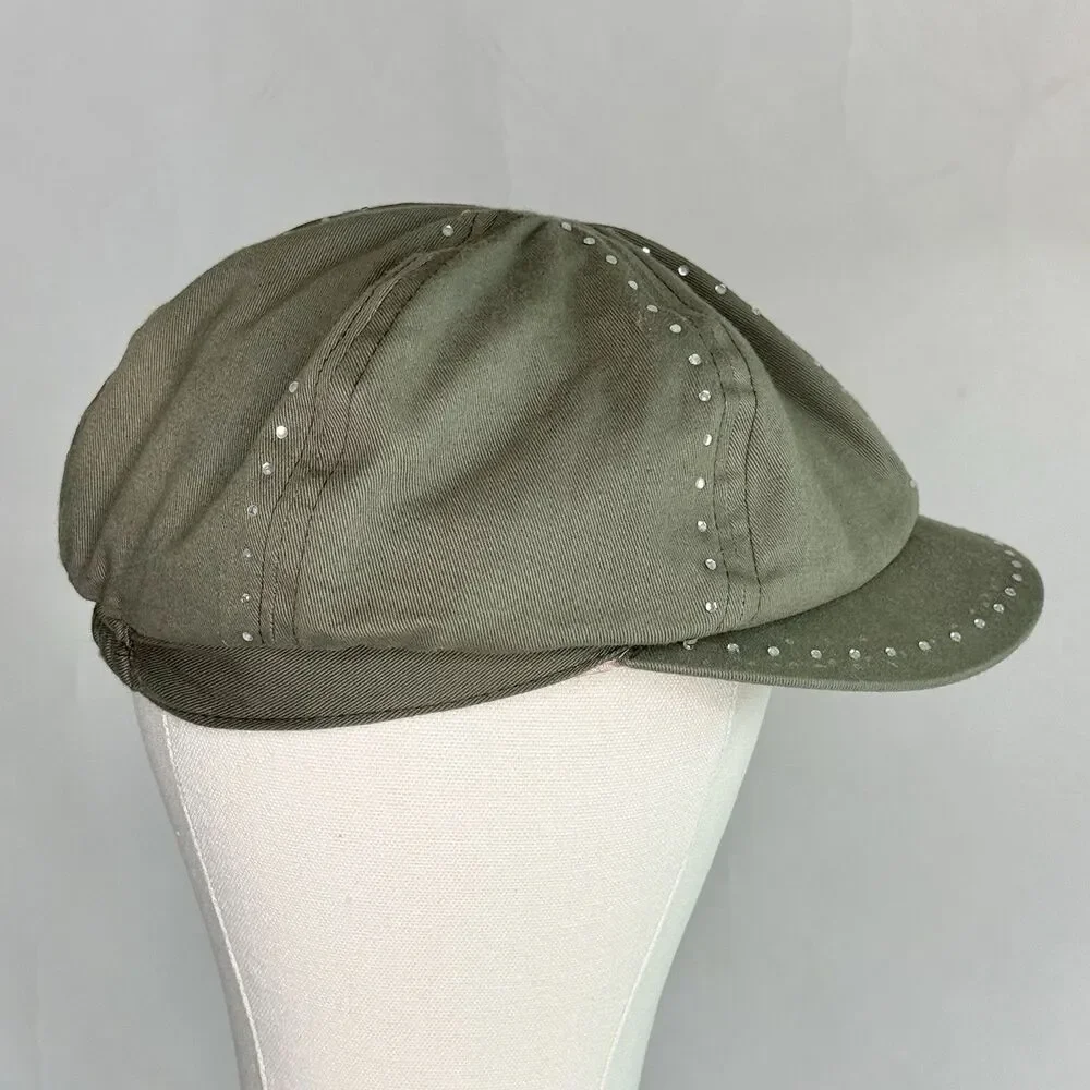 BONGO Newsboy Hat Cap One Size Khaki Olive Green Mini Rhinestones Y2K 90s Bling